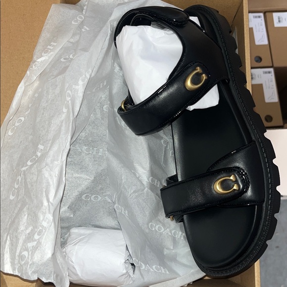 COACH Women's Brynn Sandal Black Gold-Accented Leather Sandals - Picture 4 of 4